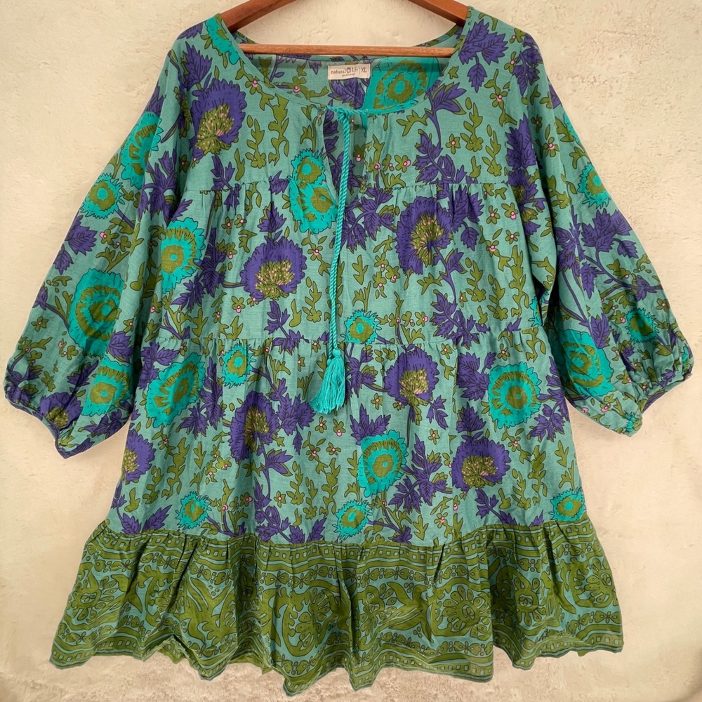 Natural Life Teal Floral Block Print Boho Tiered Tunic Dress XL Balloon Sleeve